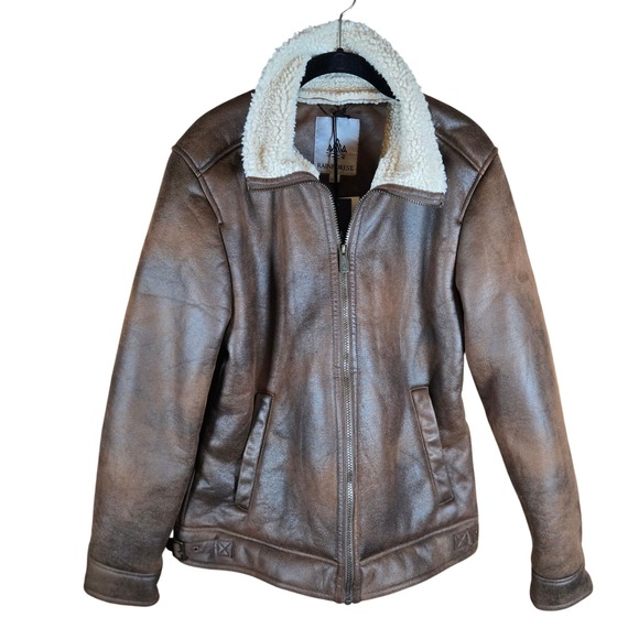 Rainforest Men's Brown Faux Leather Sherpa Lined Bomber Jacket Size Medium - Picture 2 of 8